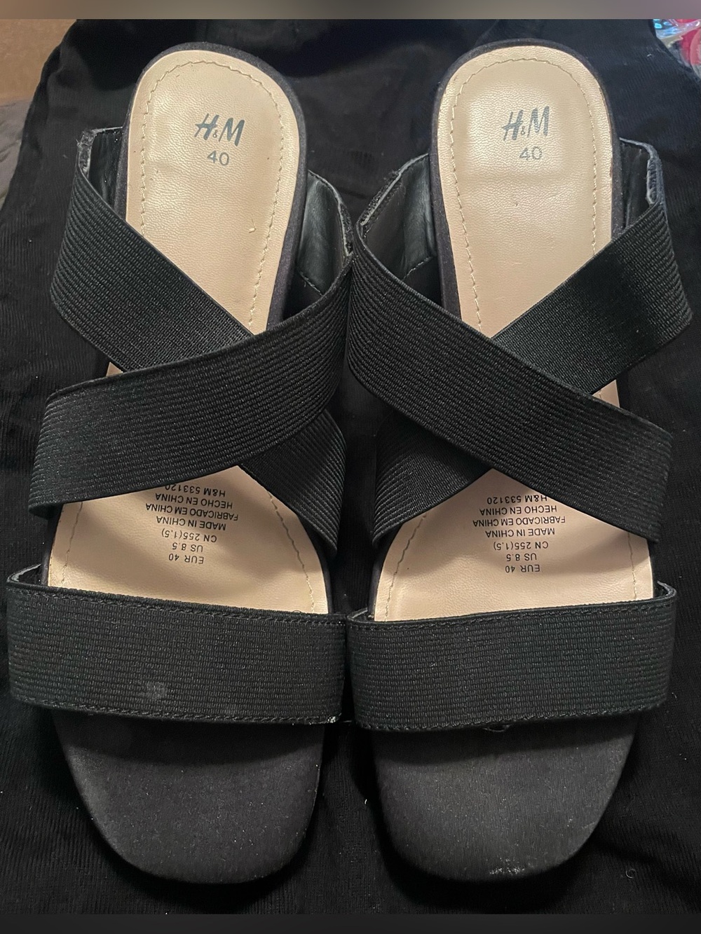 H&M Black Elastic Crossover Wedge Sandals size 8 1/2
